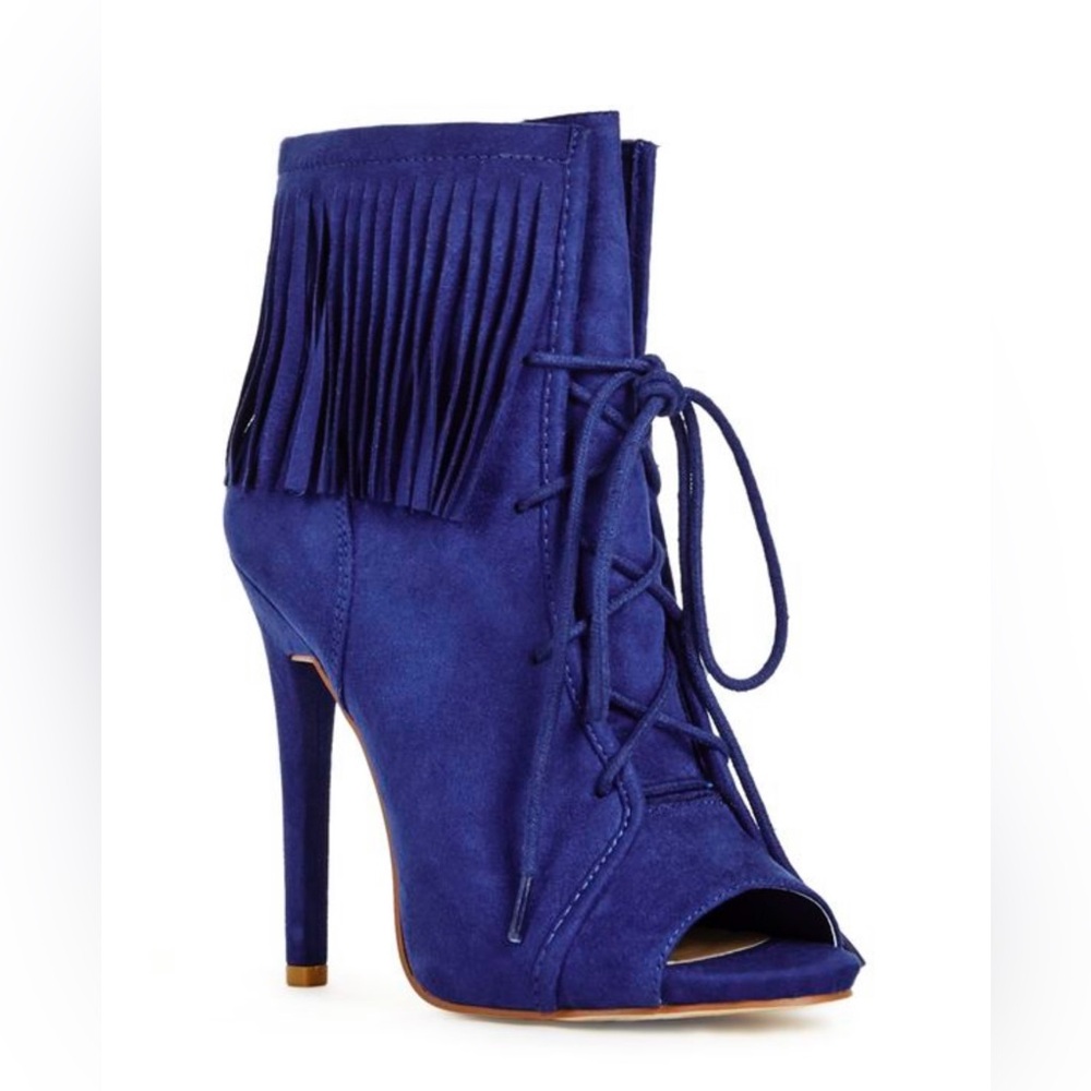 JustFab Cobalt Blue Fringe Lace-Up Heeled Boots